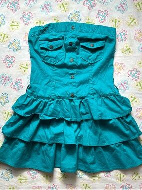 Body Central Y2K Teal Ruffle Strapless Mini Dress
